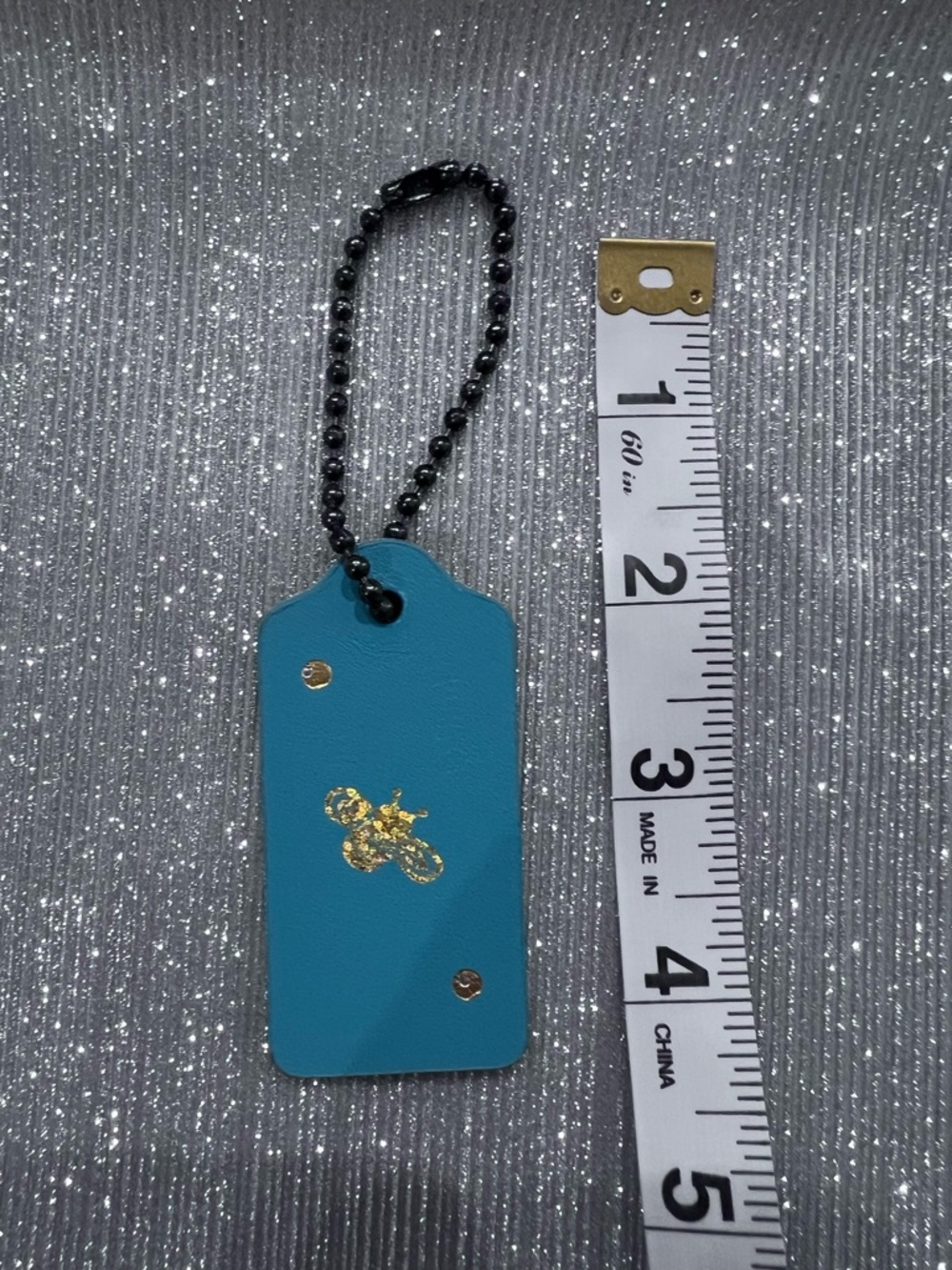 Coach Teal Leather Bag Tag Charm | Gold Foil Bee Motif Price Firm